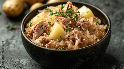 Sauerkraut mixed with smoked pork and potatoes, served in a dark bowl, garnished with fresh thyme and presented against a stone background