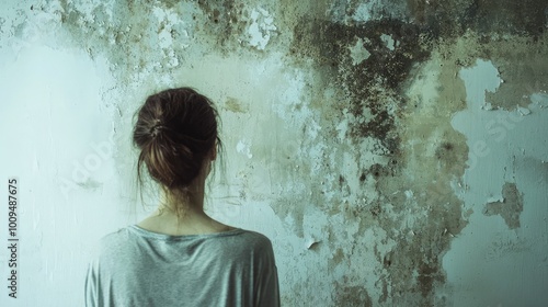 A contemplative figure stands against a weathered wall, evoking a sense of solitude and introspection in a haunting environment. photo