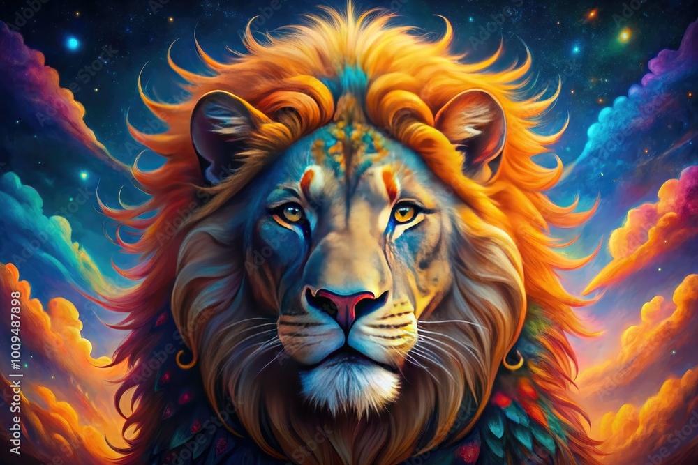 Fototapeta premium A vibrant lion symbolizes Leo, adorned with astrological motifs and lively colors, representing courage, leadership, and the radiant spirit of those born under this fiery sign.