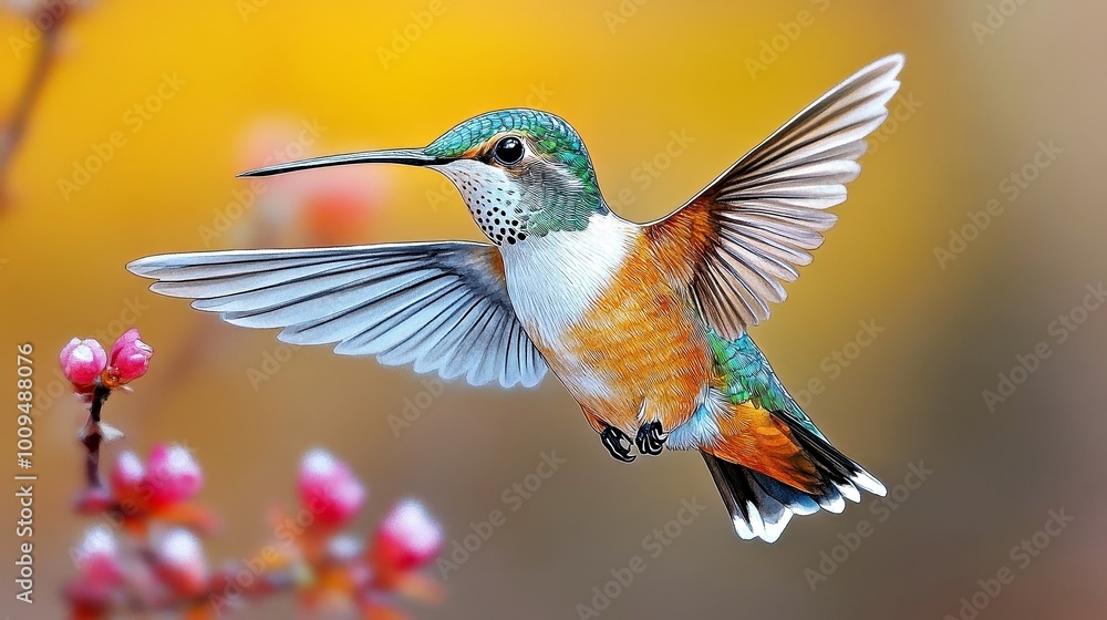 Fototapeta premium Stunning Hummingbird in Flight with Blurred Flowers