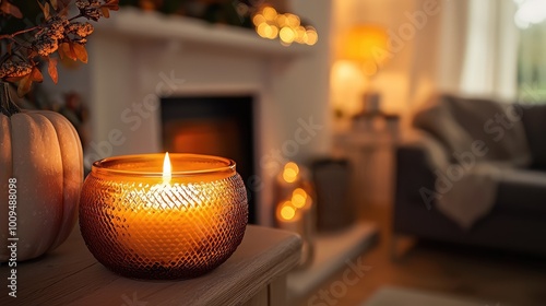 A cozy living room featuring a glowing candle, creating a warm and inviting atmosphere for relaxation and comfort.