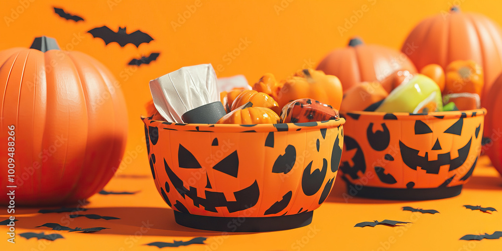 Trick-or-Treat Baskets: Orange and Black Pumpkin-Print Baskets Filled with Halloween Goodies. Trick-or-Treat Baskets: Orange and Black Pumpkin-Print Baskets Filled with Halloween Goodies.