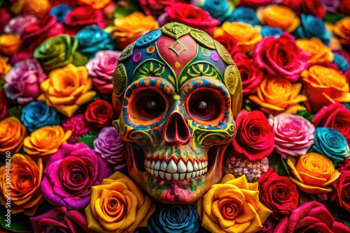 A vibrant Mexican skull adorned with lively roses captures the essence of Day of the Dead, perfect for celebrations and artistic expressions honoring loved ones.