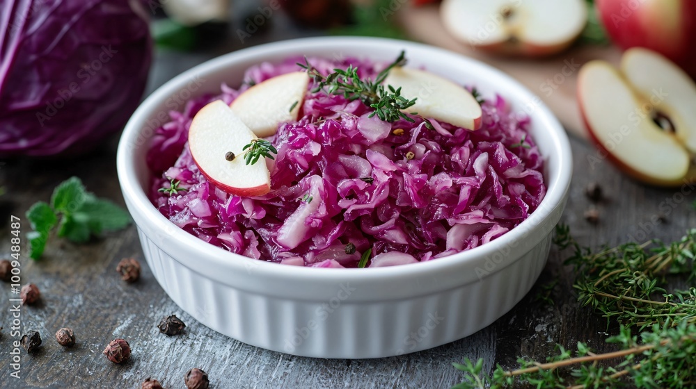 Sauerkraut with juniper berries and apple slices, served in a white ceramic dish, surrounded by cabbage and herbs in a cozy kitchen Sauerkraut with juniper berries and apple slices, served in a white ceramic dish, surrounded by cabbage and herbs in a cozy kitchen