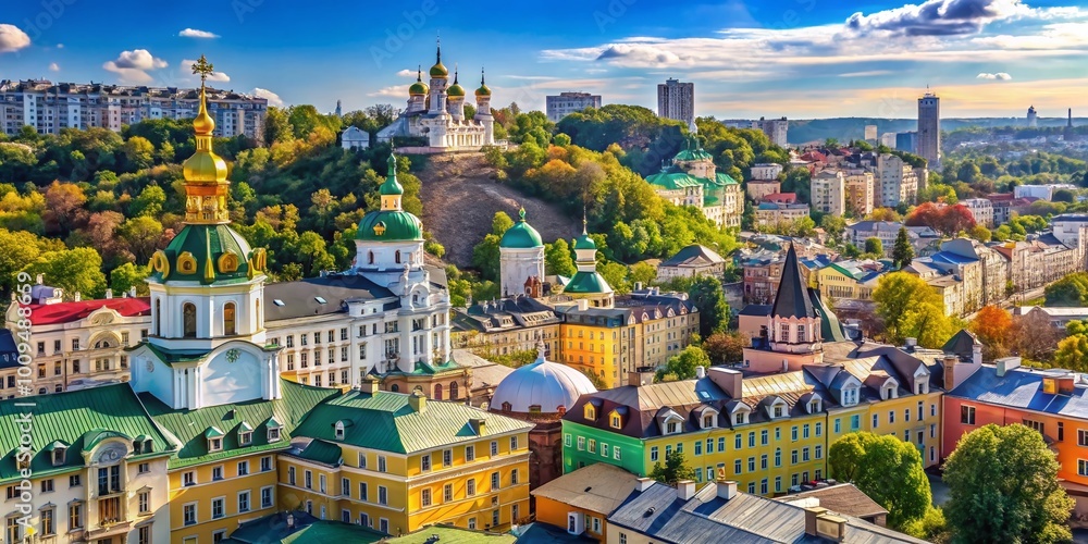 Fototapeta premium Stunning Aerial View of Kyiv's Historic Architecture and Vibrant Urban Landscape on a Sunny Day