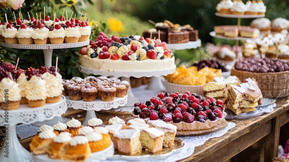 A delightful assortment of cakes and pastries beautifully arranged for a festive dessert display in a garden setting. A delightful assortment of cakes and pastries beautifully arranged for a festive dessert display in a garden setting.