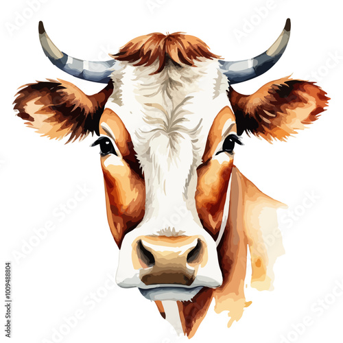 Hand drawn watercolor painting of a cow head isolated on white background. Farm animals vector illustration