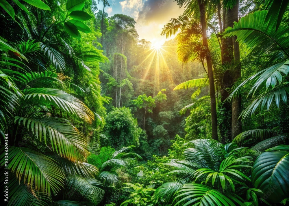 A vibrant rainforest teems with lush vegetation, sunlight streams through the thick canopy, illuminating the rich diversity of plant life below. Nature’s serene embrace. A vibrant rainforest teems with lush vegetation, sunlight streams through the thick canopy, illuminating the rich diversity of plant life below. Nature’s serene embrace.