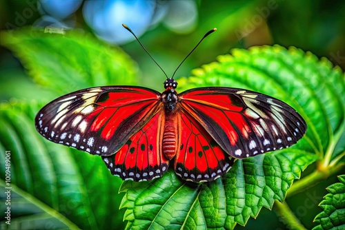 A Vibrant Red Butterfly With Intricate Black And White Patterns Perches On A Delicate Green Leaf, Its Wings Casting A Gentle Shadow.