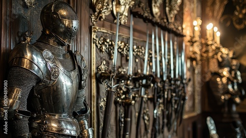 A detailed view of a medieval armor display alongside an array of ornate swords in a historic setting. photo