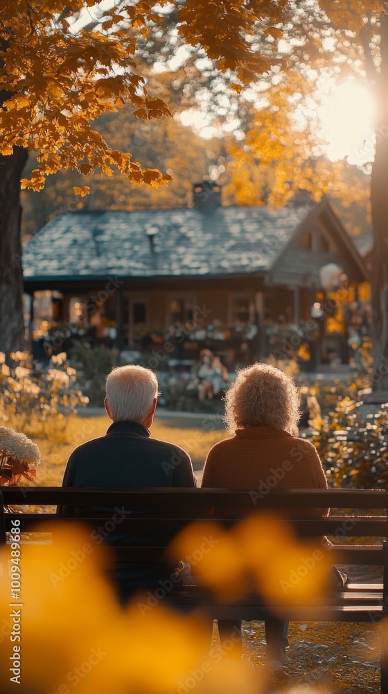 Naklejka premium Grandparents sitting in front of the house on a bench.
