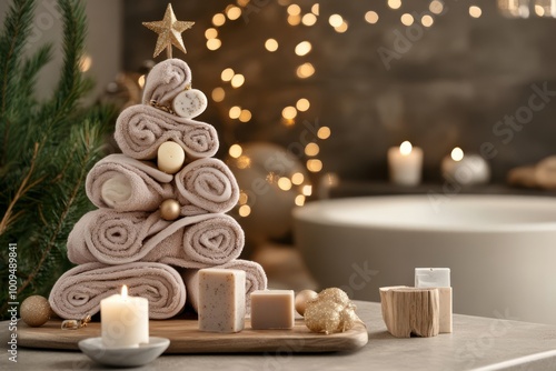 Elegant Spa-Themed Christmas Tree with Towels and Candles in a Cozy Bathroom Setting for Relaxation and Festive Decor, New year banner with copy space