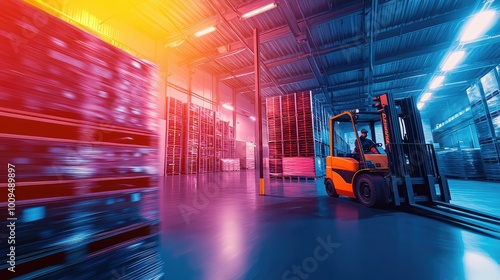 Wallpaper Mural A dynamic warehouse scene featuring a forklift operator amidst colorful lighting and stacked pallets, showcasing industrial efficiency. Torontodigital.ca