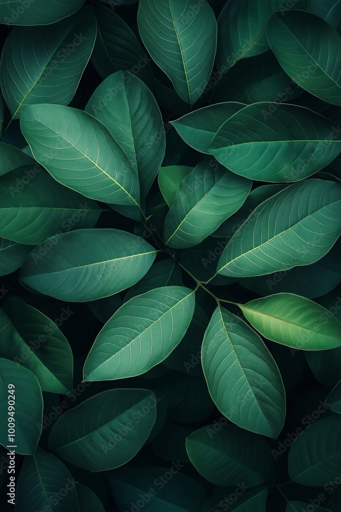 A close up of green leaves with a wet look. The leaves are arranged in a way that creates a sense of depth and texture. The image conveys a feeling of freshness and vitality A close up of green leaves with a wet look. The leaves are arranged in a way that creates a sense of depth and texture. The image conveys a feeling of freshness and vitality