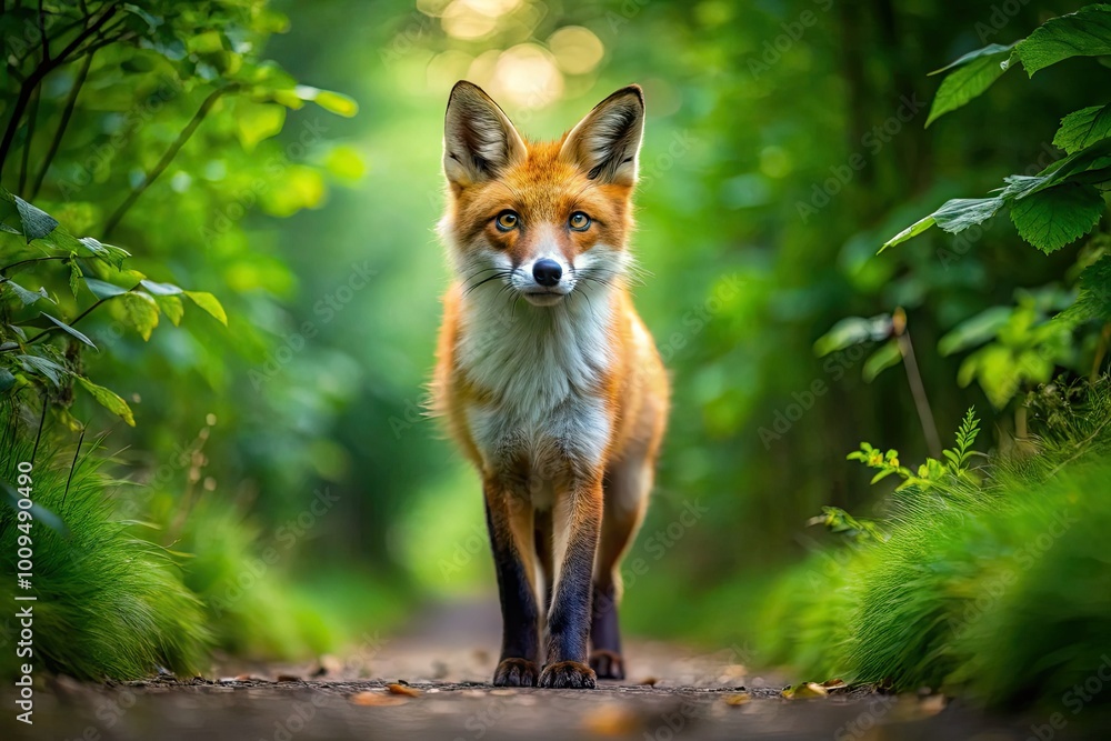 Obraz premium A vigilant red fox stands at the edge of a forest path, surrounded by vibrant greenery, alert and poised amidst the tranquil natural setting.