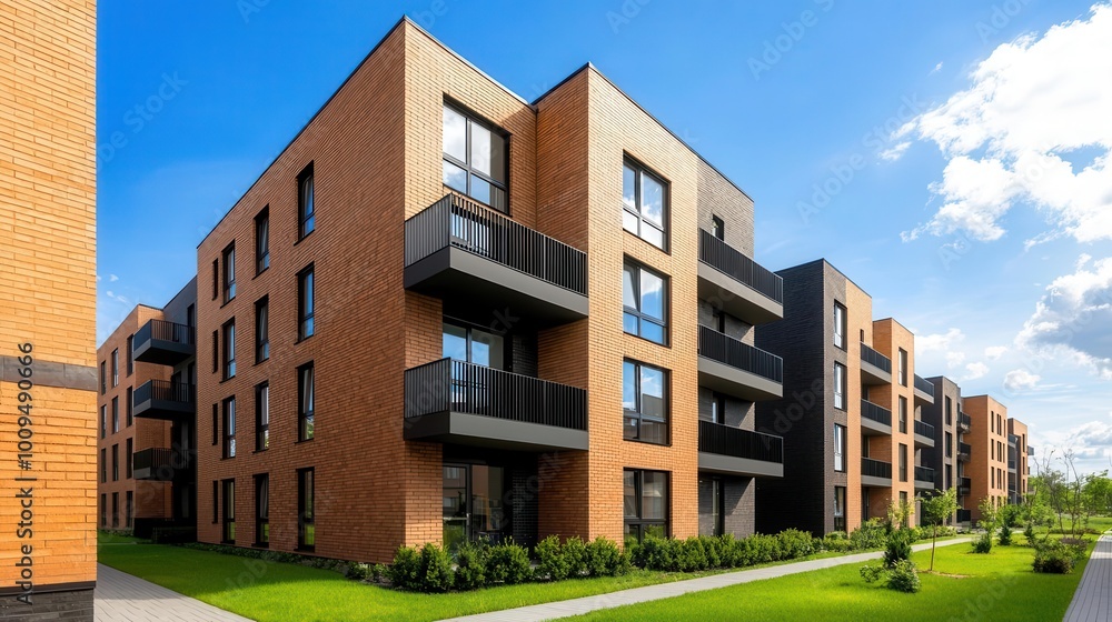View of  newly built modern block of flats under blue sky