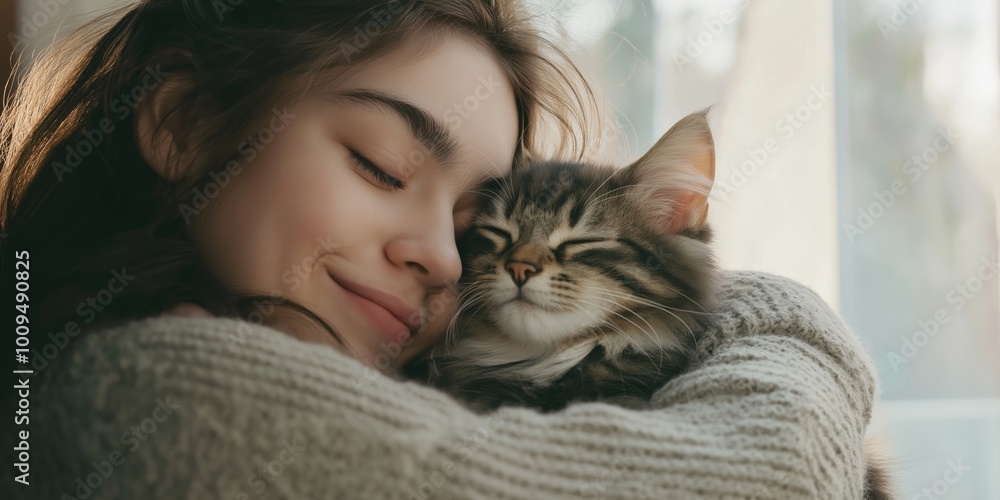 A woman is hugging a cat. Scene is happy and loving A woman is hugging a cat. Scene is happy and loving