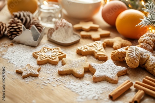 Festive Christmas Cookies with Icing Sugar, Oranges, and Cinnamon on Wooden Table