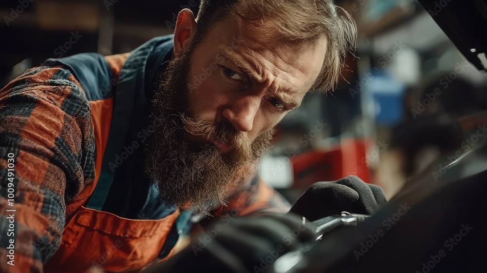A focused mechanic works intently on a car engine, showcasing skill and dedication to automotive repair. A focused mechanic works intently on a car engine, showcasing skill and dedication to automotive repair.
