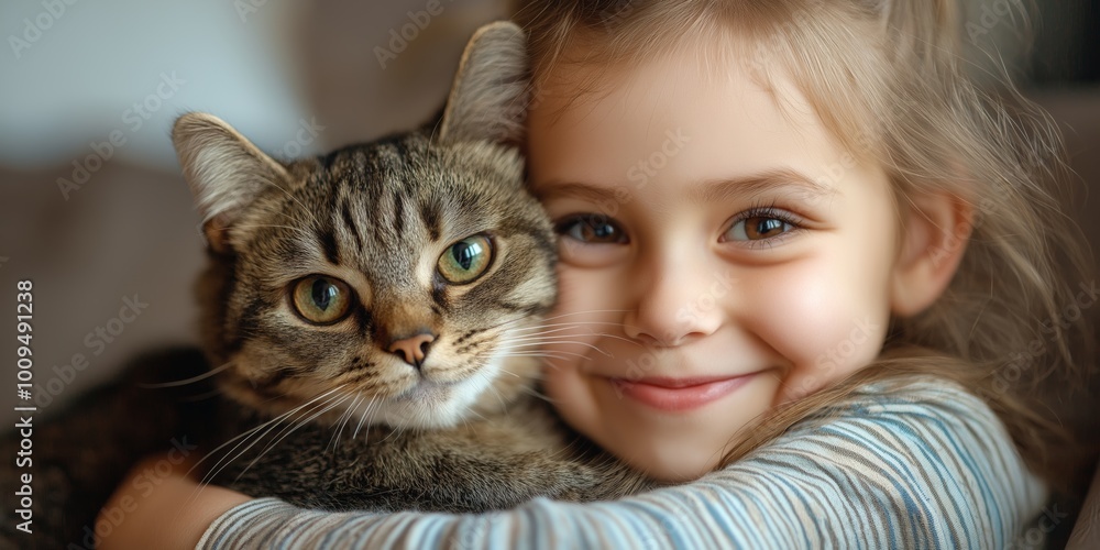 A young girl is hugging a cat. The cat is a tabby and has green eyes. The girl is smiling and he is happy A young girl is hugging a cat. The cat is a tabby and has green eyes. The girl is smiling and he is happy