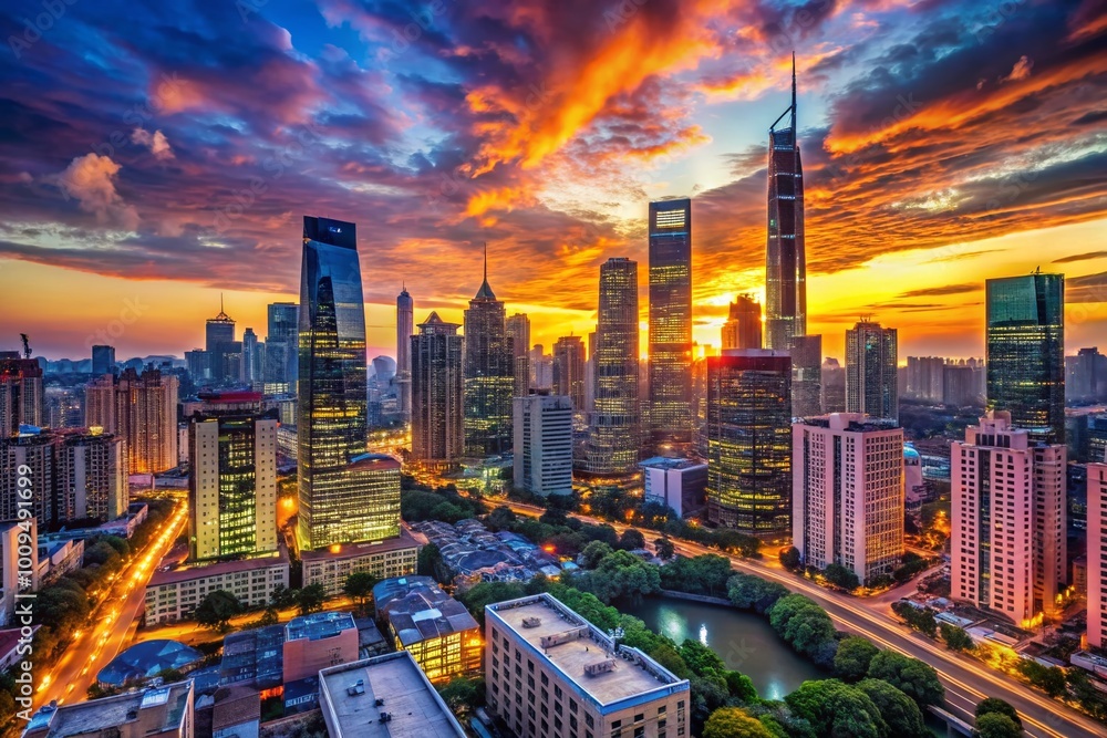 Fototapeta premium Stunning City Skyline at Dusk with Illuminated Buildings and Vibrant Sky Overlooking the Horizon