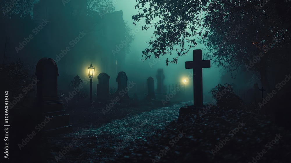 A haunting graveyard scene illuminated by ghostly lanterns, shrouded in mist, evoking feelings of mystery and the supernatural. A haunting graveyard scene illuminated by ghostly lanterns, shrouded in mist, evoking feelings of mystery and the supernatural.