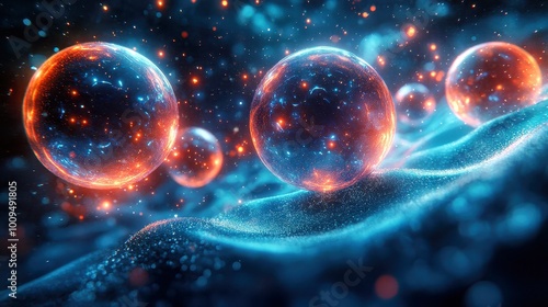 Abstract Blue and Red Spheres with Glittering Background