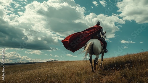 A heroic figure rides a gallant horse through a lush landscape, showcasing bravery and adventure under a dramatic sky. photo