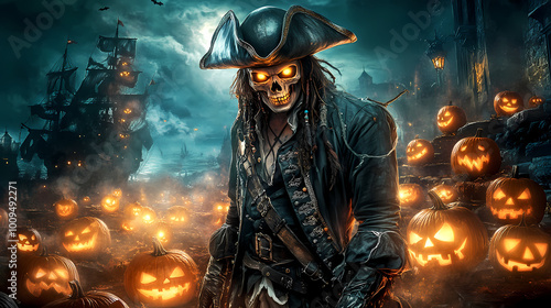 Skeletal Pirate with Glowing Skull and Tricorn Hat Among Glowing Jack-O'-Lanterns