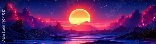 Retro Sunset Over Mountains with Neon Lights and Stars