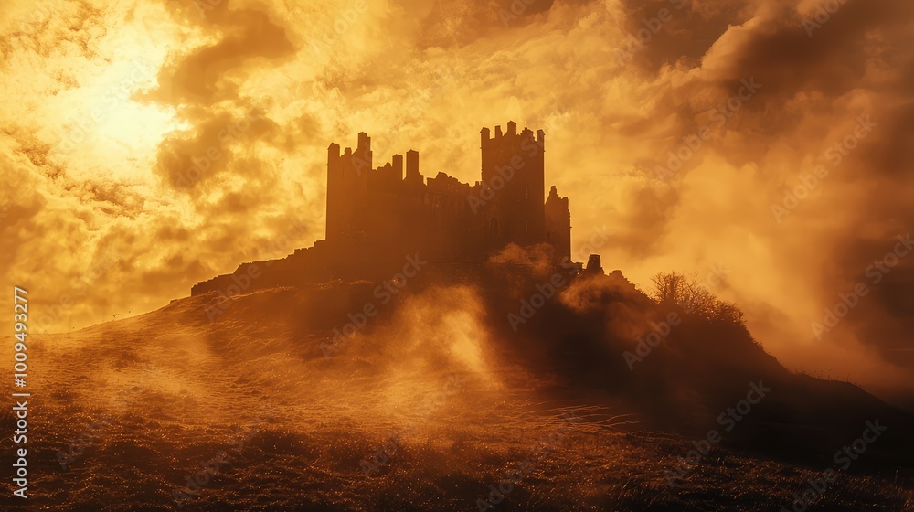 A majestic castle silhouetted against a dramatic sky filled with golden clouds and mist, evoking a sense of mystery and allure. A majestic castle silhouetted against a dramatic sky filled with golden clouds and mist, evoking a sense of mystery and allure.