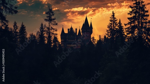 A majestic castle silhouetted against a vibrant sunset, surrounded by dark trees, evoking mystery and enchantment.