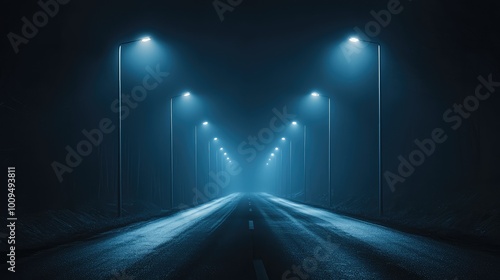 A mesmerizing view of a deserted road illuminated by blue streetlights, creating a mysterious and tranquil ambiance.