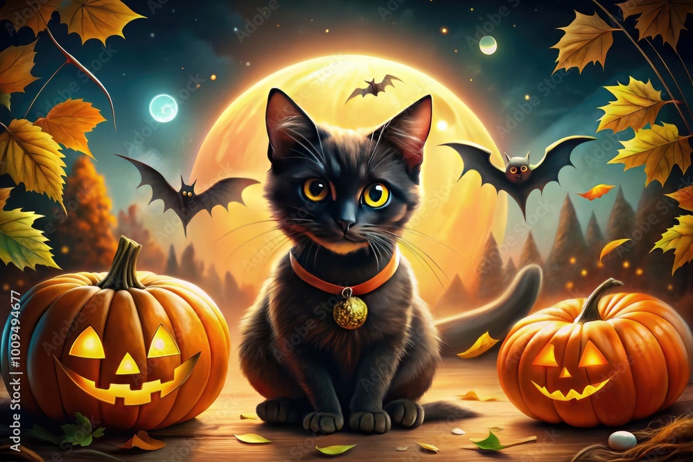 A whimsical Halloween cat cartoon, featuring a playful feline surrounded by pumpkins, bats, and eerie details, perfect for adding festive charm to the spooky season. A whimsical Halloween cat cartoon, featuring a playful feline surrounded by pumpkins, bats, and eerie details, perfect for adding festive charm to the spooky season.