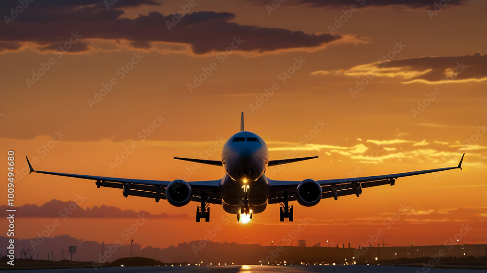 airplane landing at sunset