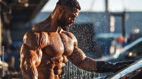 A muscular man washing a car, showcasing strength and precision with water splashing around him in a dynamic scene.