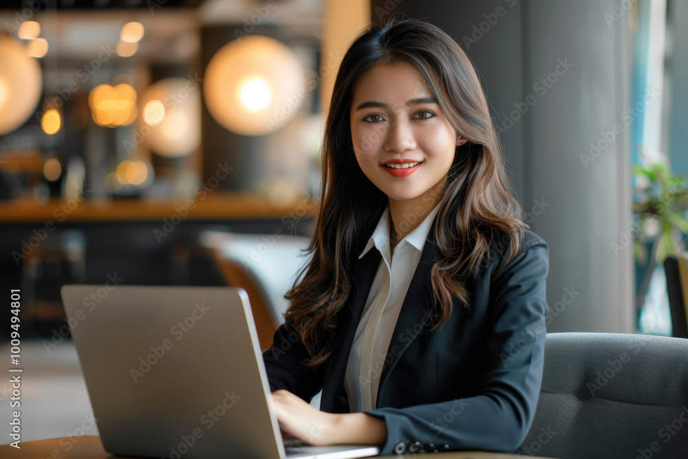 Young beautiful woman using her laptop while sitting in a chair at her working place, Small business owner people employee freelance online sme marketing e-commerce telemarketing concept. Young beautiful woman using her laptop while sitting in a chair at her working place, Small business owner people employee freelance online sme marketing e-commerce telemarketing concept.