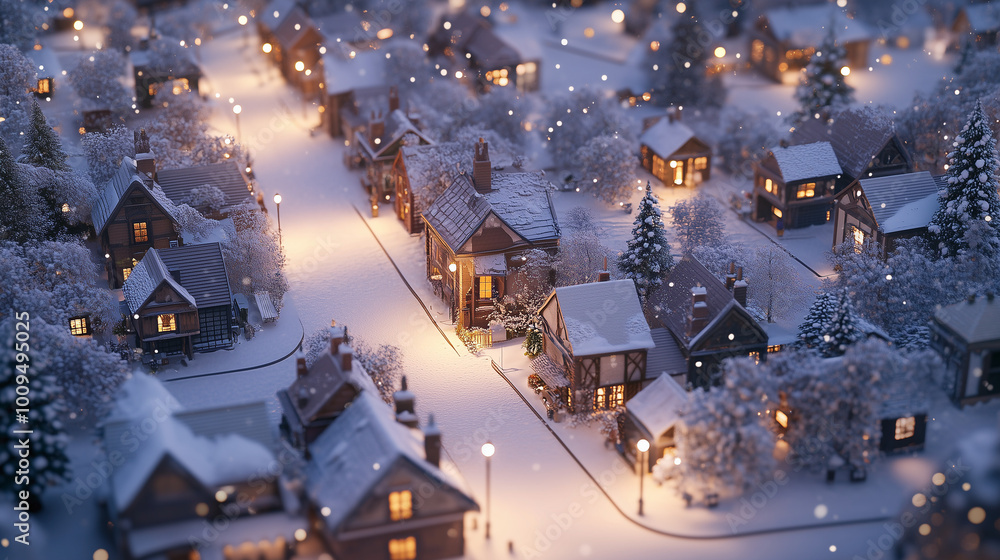 Fototapeta premium Snow-covered winter village with illuminated houses in serene evening atmosphere