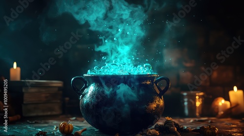 A mystical cauldron bubbles with turquoise smoke, illuminated by candlelight, creating an enchanting and magical atmosphere. photo