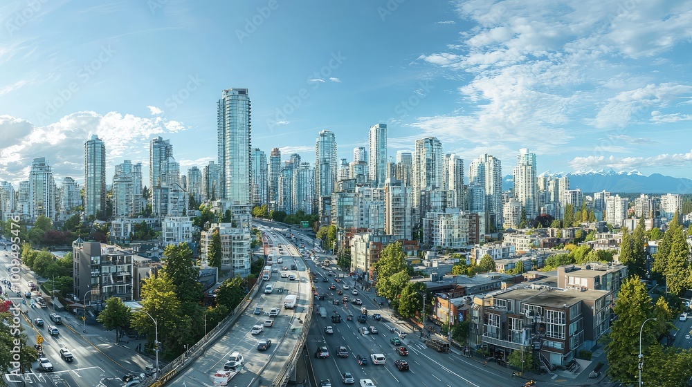 Obraz premium A panoramic view of a bustling city skyline with tall skyscrapers and busy streets under a clear blue sky.