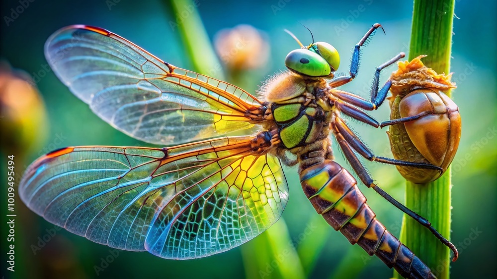 Stunning Dragonfly Emerges from Its Exoskeleton in a Beautiful Natural Setting, Symbolizing Renewal Stunning Dragonfly Emerges from Its Exoskeleton in a Beautiful Natural Setting, Symbolizing Renewal