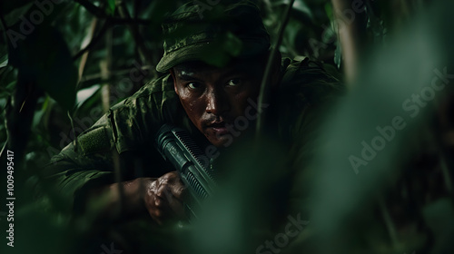 A Gurkha soldier, crouching low in the jungle, his kukri ready in hand as he listens intently for any sign of the enemy in the dense underbrush. Gurkha soldier on patrol in the jungle.


 photo