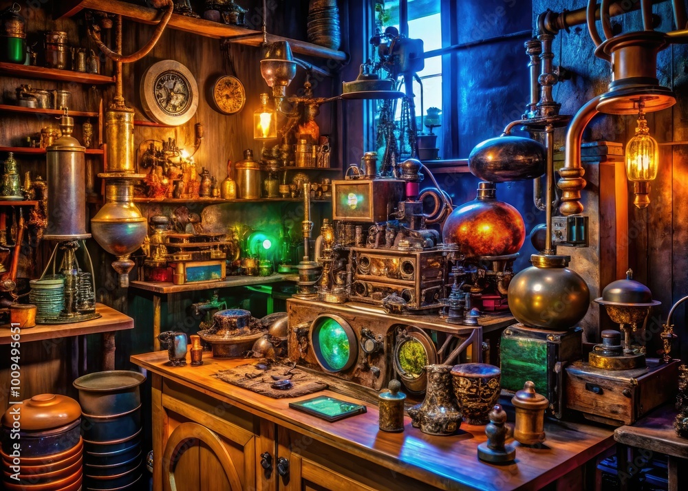 A whimsical steampunk lab brimming with antique tools, peculiar gadgets, and quirky decor, inviting creativity and wonder in an atmosphere of scientific exploration. A whimsical steampunk lab brimming with antique tools, peculiar gadgets, and quirky decor, inviting creativity and wonder in an atmosphere of scientific exploration.