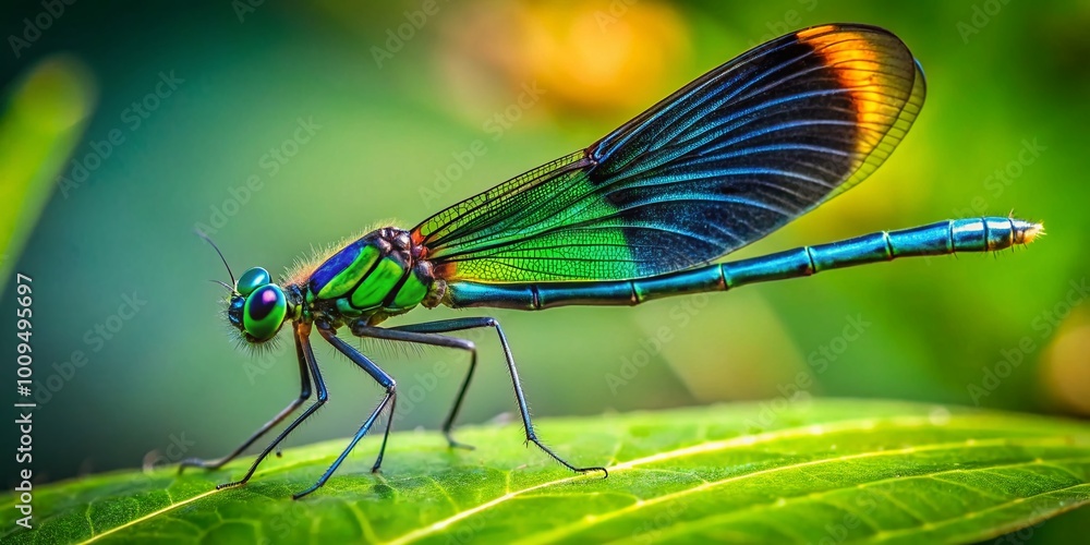 Stunning Ebony Jewelwing Dragonfly Resting on Leaf with Vibrant Green Background in Nature Photography Stunning Ebony Jewelwing Dragonfly Resting on Leaf with Vibrant Green Background in Nature Photography