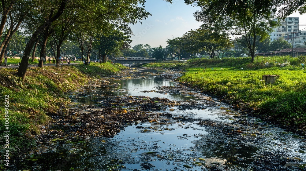 A polluted river in a city park, surrounded by trees and litter, highlighting environmental issues and urban waste management challenges. A polluted river in a city park, surrounded by trees and litter, highlighting environmental issues and urban waste management challenges.