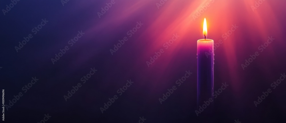 Create a serene background with a single glowing candle in the center, softly lit by light rays, fading into a gradient from dark purple to black, symbolizing prayer and divine presence. Create a serene background with a single glowing candle in the center, softly lit by light rays, fading into a gradient from dark purple to black, symbolizing prayer and divine presence.