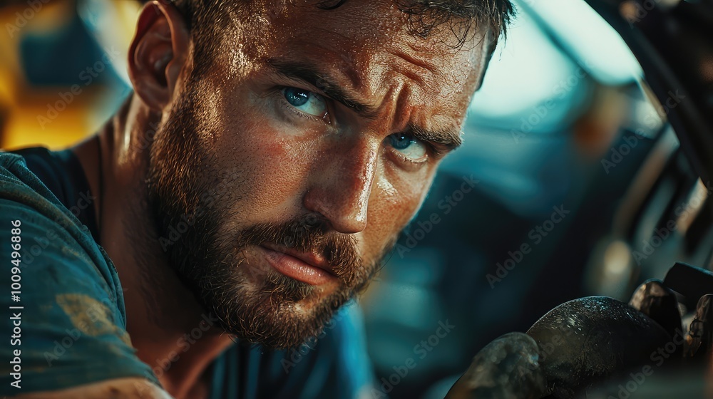 A rugged man with a determined expression, covered in dirt, looks intently from inside a vehicle, conveying a sense of resilience. A rugged man with a determined expression, covered in dirt, looks intently from inside a vehicle, conveying a sense of resilience.