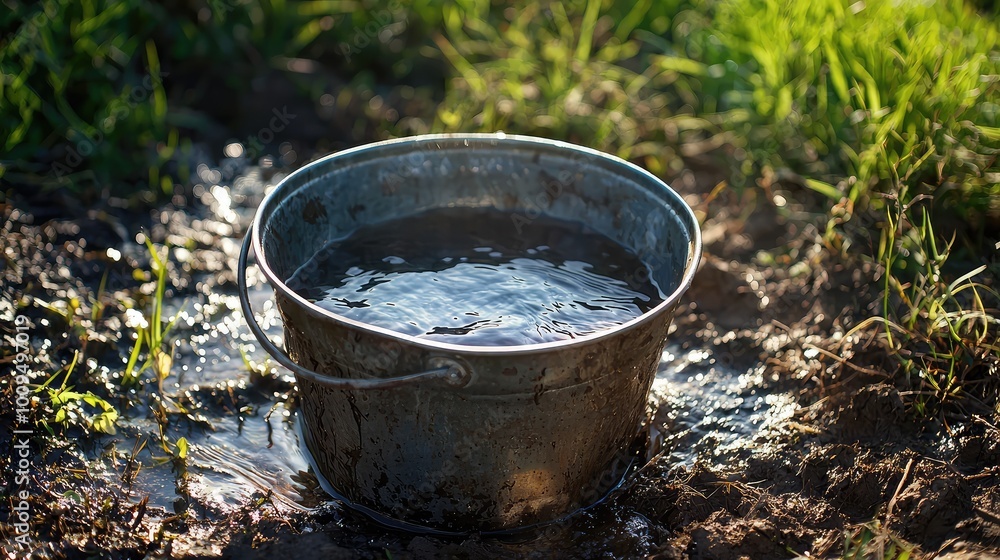 A rustic bucket filled with clear water rests on wet ground amidst vibrant green grass, capturing natural beauty and simplicity. A rustic bucket filled with clear water rests on wet ground amidst vibrant green grass, capturing natural beauty and simplicity.