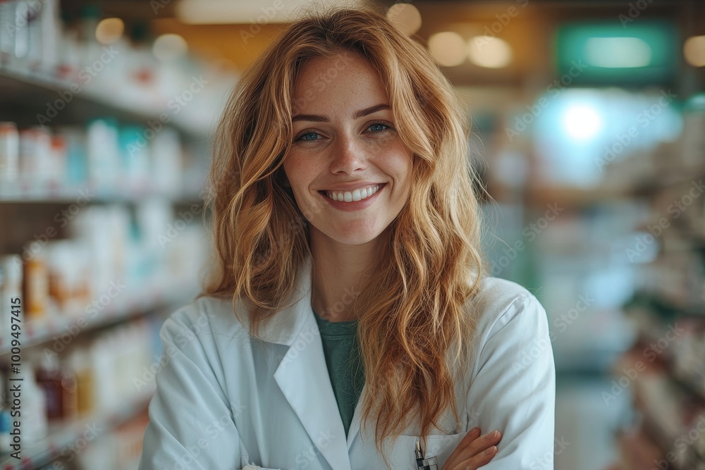 Happy female pharmacist standing in a drug store, Generative AI Happy female pharmacist standing in a drug store, Generative AI
