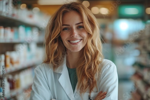 Happy female pharmacist standing in a drug store, Generative AI